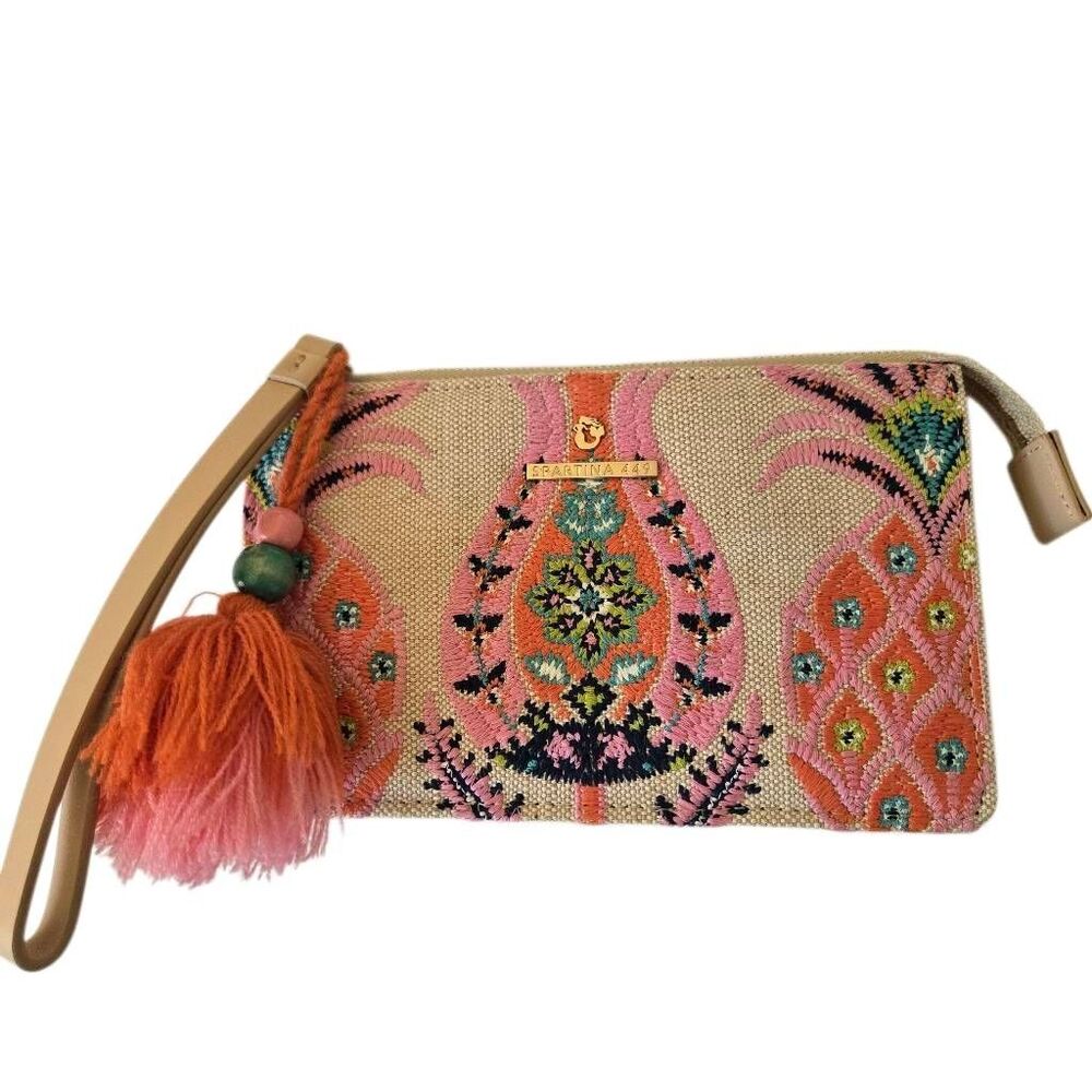 NEW Spartina 449 Kaia Embroidered Floral Wristlet Cotton Jute Blend Clutch Bag